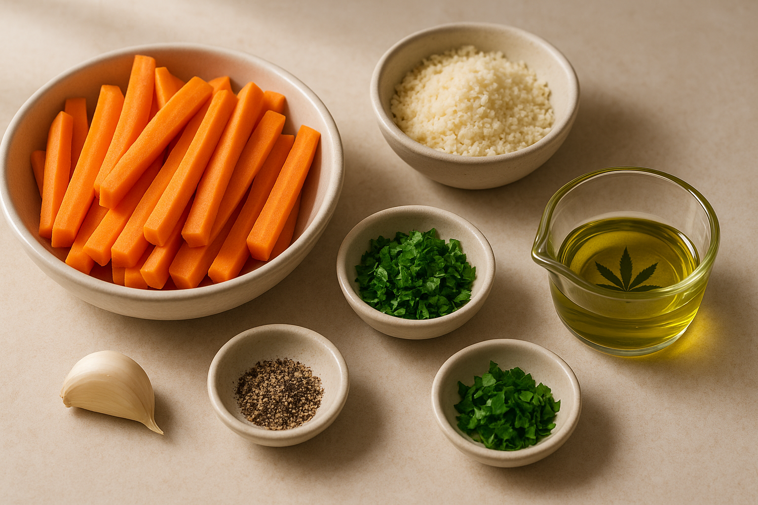 Ingredients for Cannabis-Infused Roasted Carrot Fries with Garlic and Parmesan including carrot, garlic, parmesan, parsley, black pepper, infused olive oil