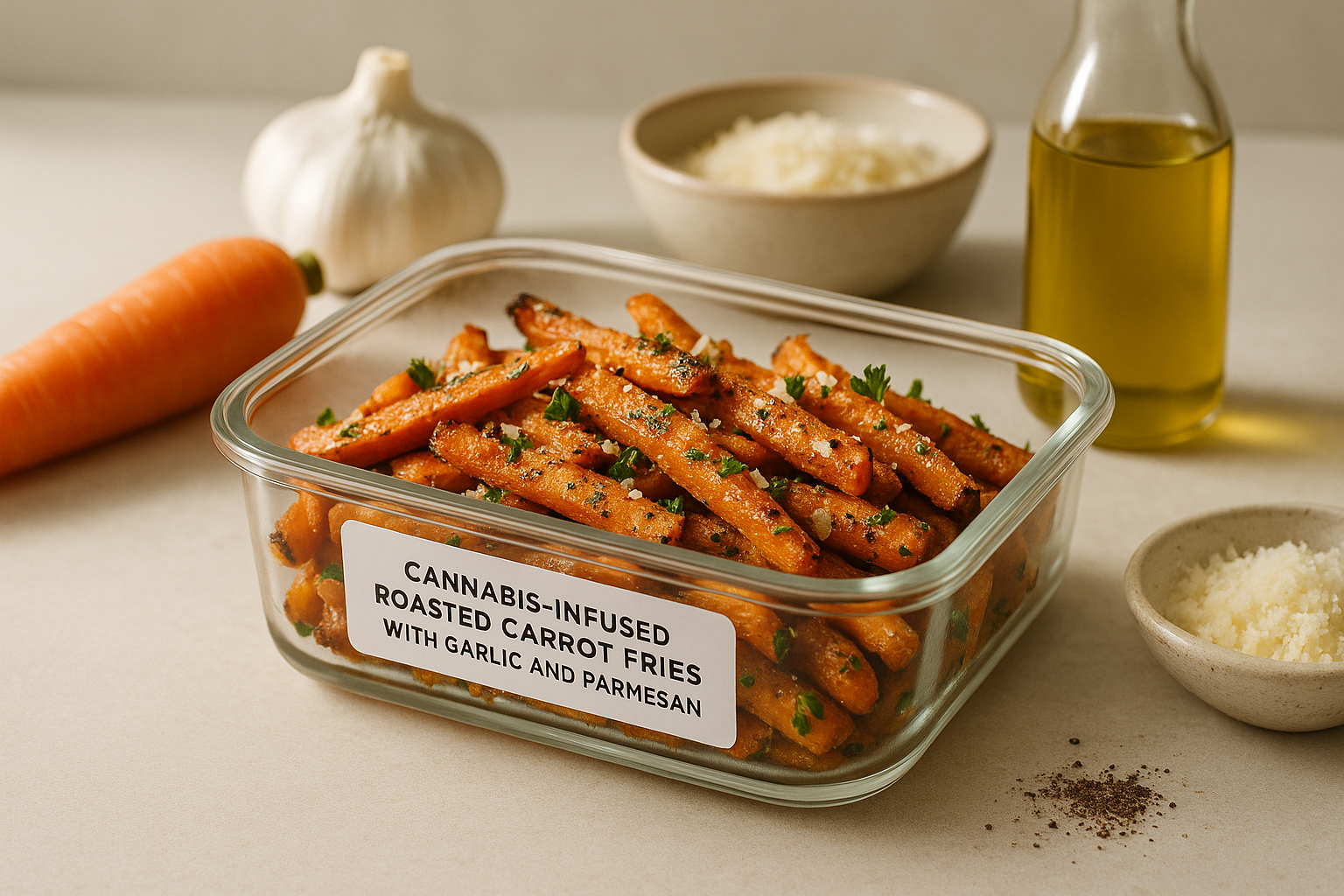 Cannabis-Infused Roasted Carrot Fries with Garlic and Parmesan stored in a clearly labeled container