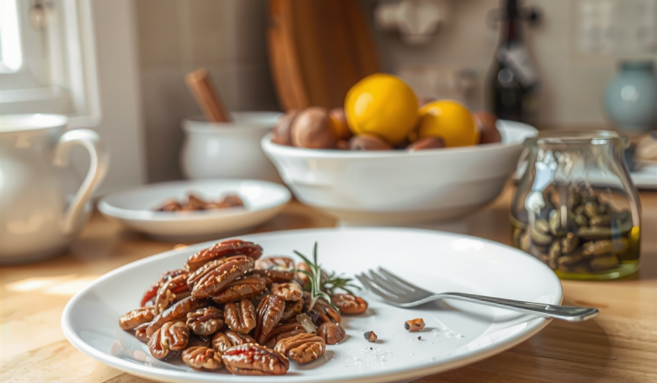 cannabis roasted pecans finished recipe styled as the emotional anchor with warm editorial food photography