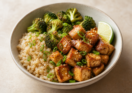 cannabis sesame tofu broccoli bowls finished recipe styled as the emotional anchor with warm editorial food photography