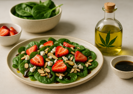 cannabis strawberry spinach salad finished recipe styled as the emotional anchor with warm editorial food photography