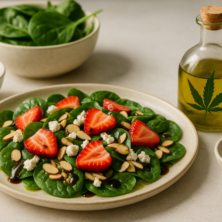 cannabis strawberry spinach salad finished recipe styled as the emotional anchor with warm editorial food photography