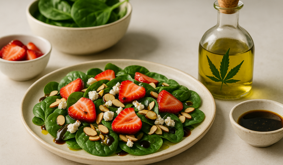 cannabis strawberry spinach salad finished recipe styled as the emotional anchor with warm editorial food photography