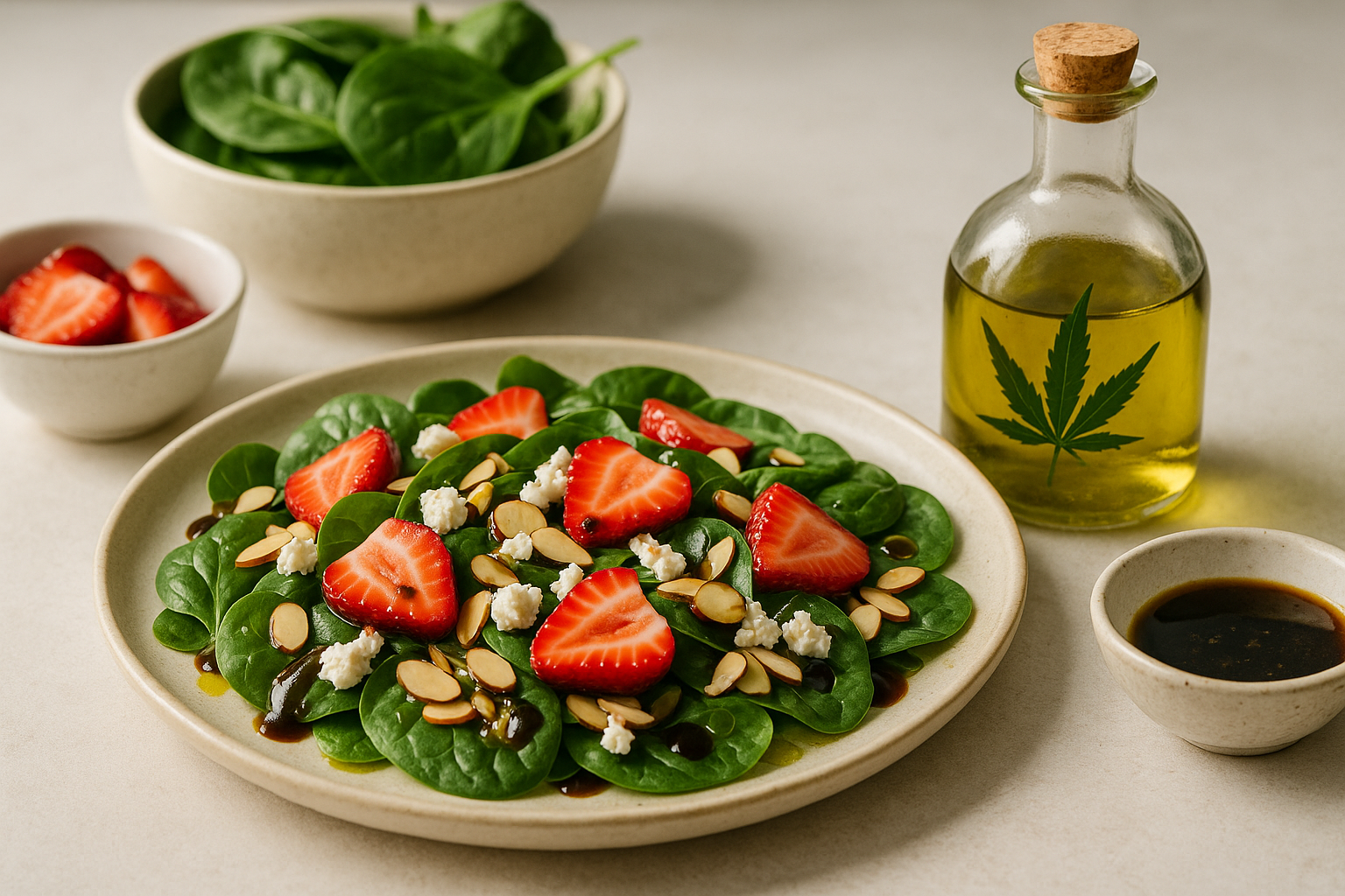 Cannabis strawberry spinach salad plated in a wide bowl with strawberries, spinach, goat cheese, almonds, and balsamic vinaigrette