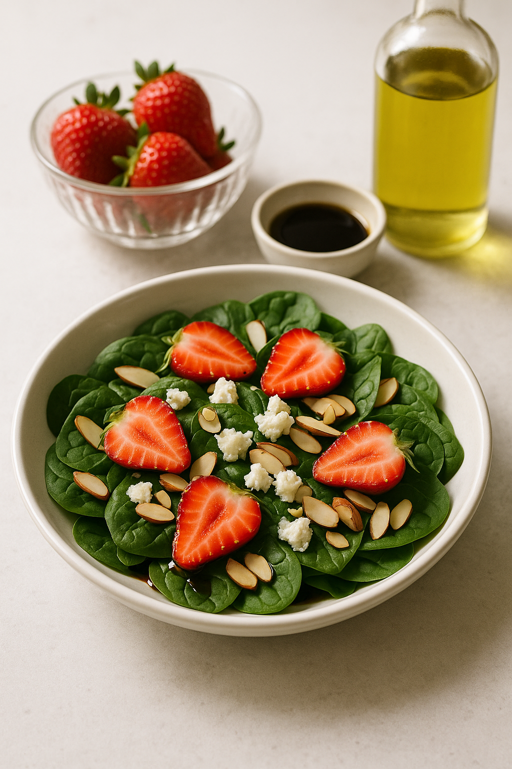 Finished cannabis strawberry spinach salad divided into measured servings with goat cheese and almonds on top