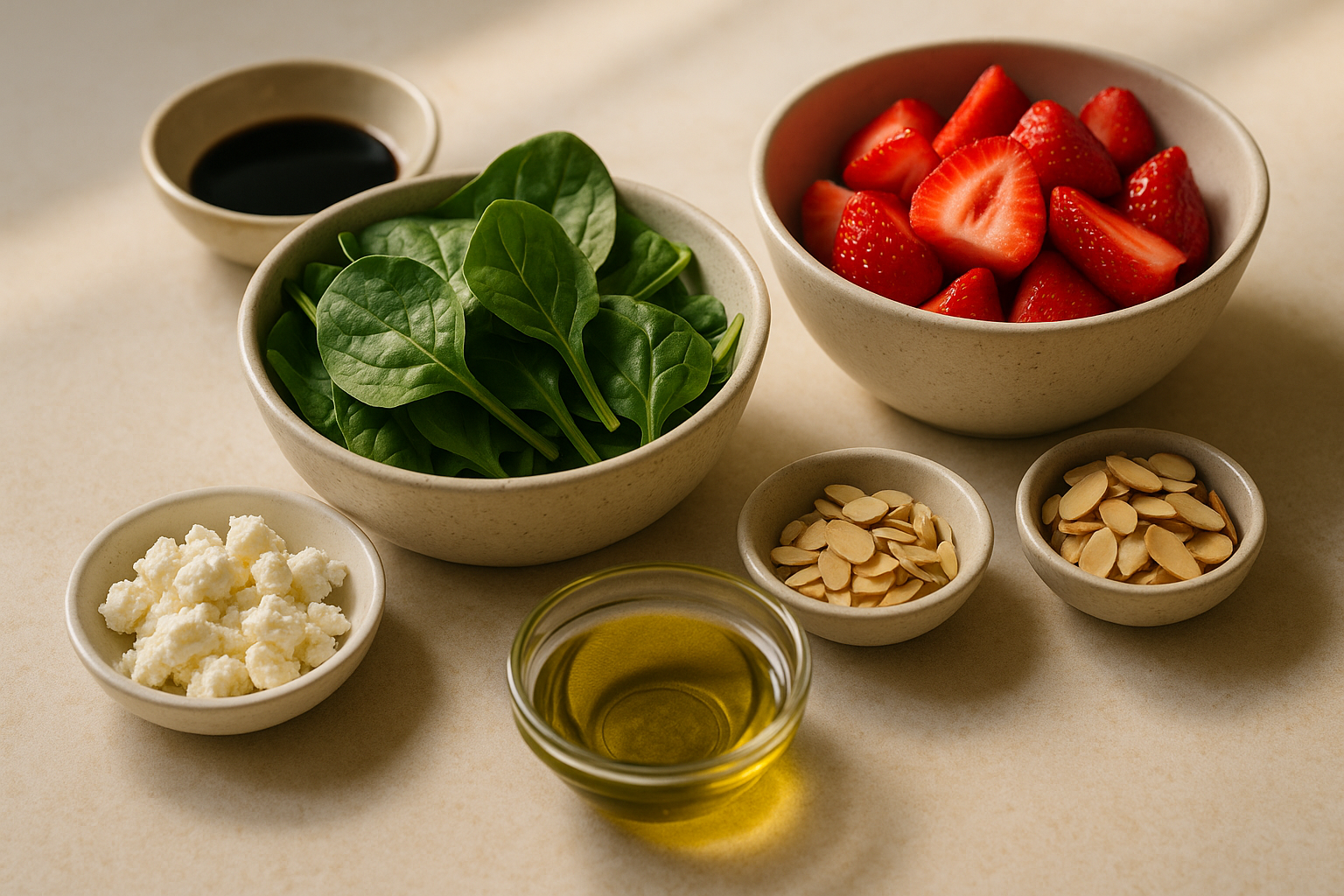 Ingredients for cannabis strawberry spinach salad including baby spinach, strawberries, goat cheese, toasted almonds, balsamic vinegar, and infused olive oil