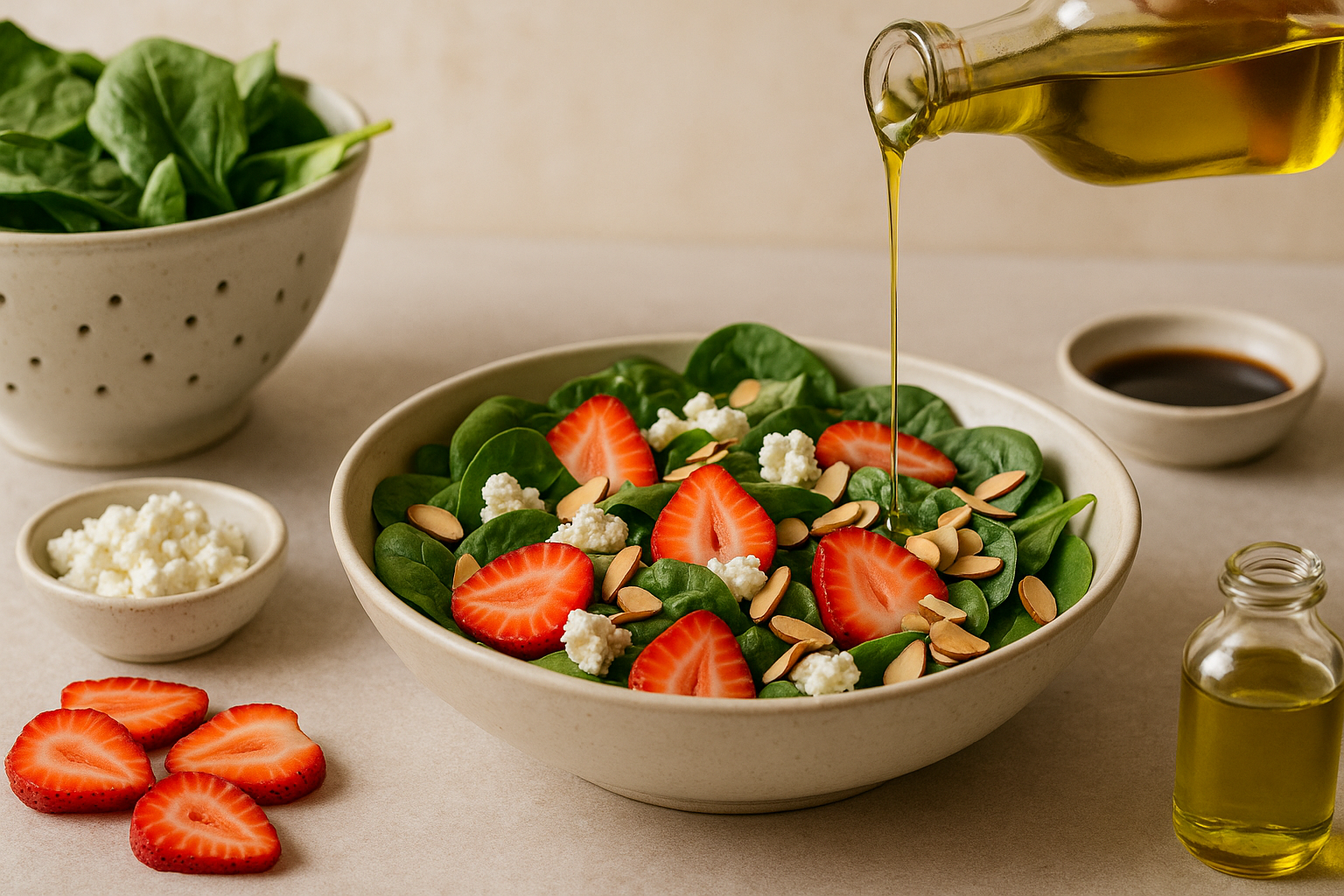 Cannabis strawberry spinach salad being tossed with a measured balsamic vinaigrette in a large mixing bowl