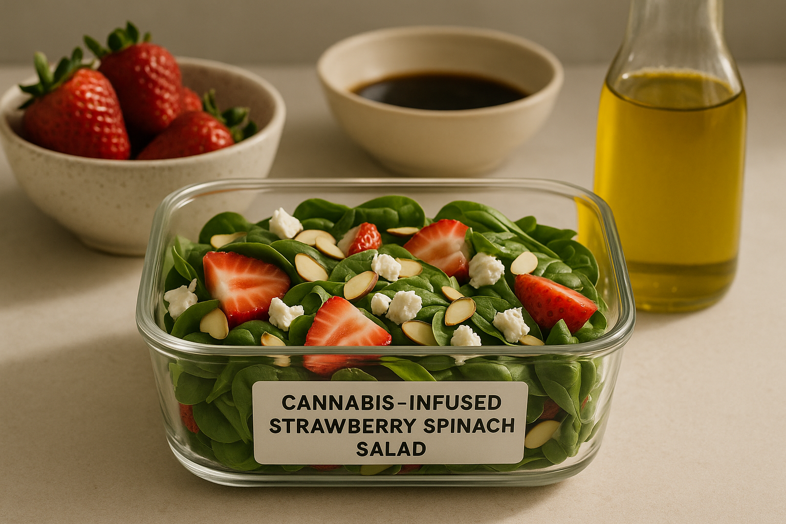 Cannabis strawberry spinach salad with vinaigrette stored separately in labeled containers in the refrigerator