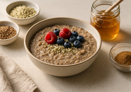 cannabis super seed hot cereal finished recipe styled as the emotional anchor with warm editorial food photography