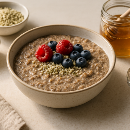 cannabis super seed hot cereal finished recipe styled as the emotional anchor with warm editorial food photography