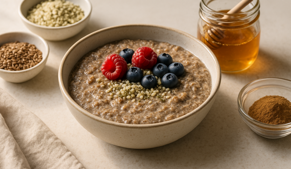 cannabis super seed hot cereal finished recipe styled as the emotional anchor with warm editorial food photography