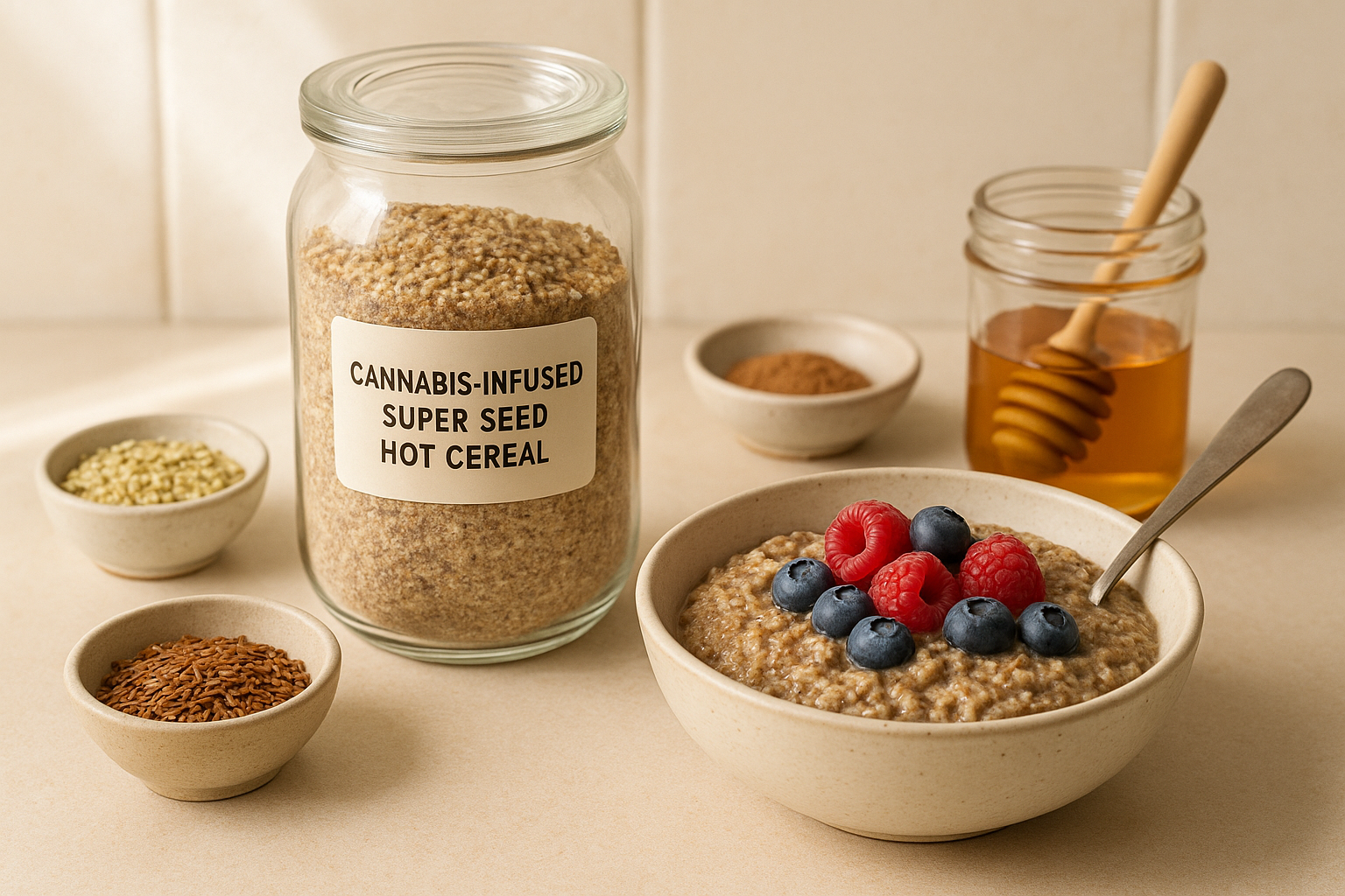 Cannabis-Infused Super Seed Hot Cereal stored in a clearly labeled container