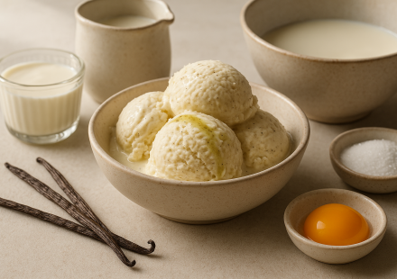 cannabis vanilla ice cream finished recipe styled as the emotional anchor with warm editorial food photography