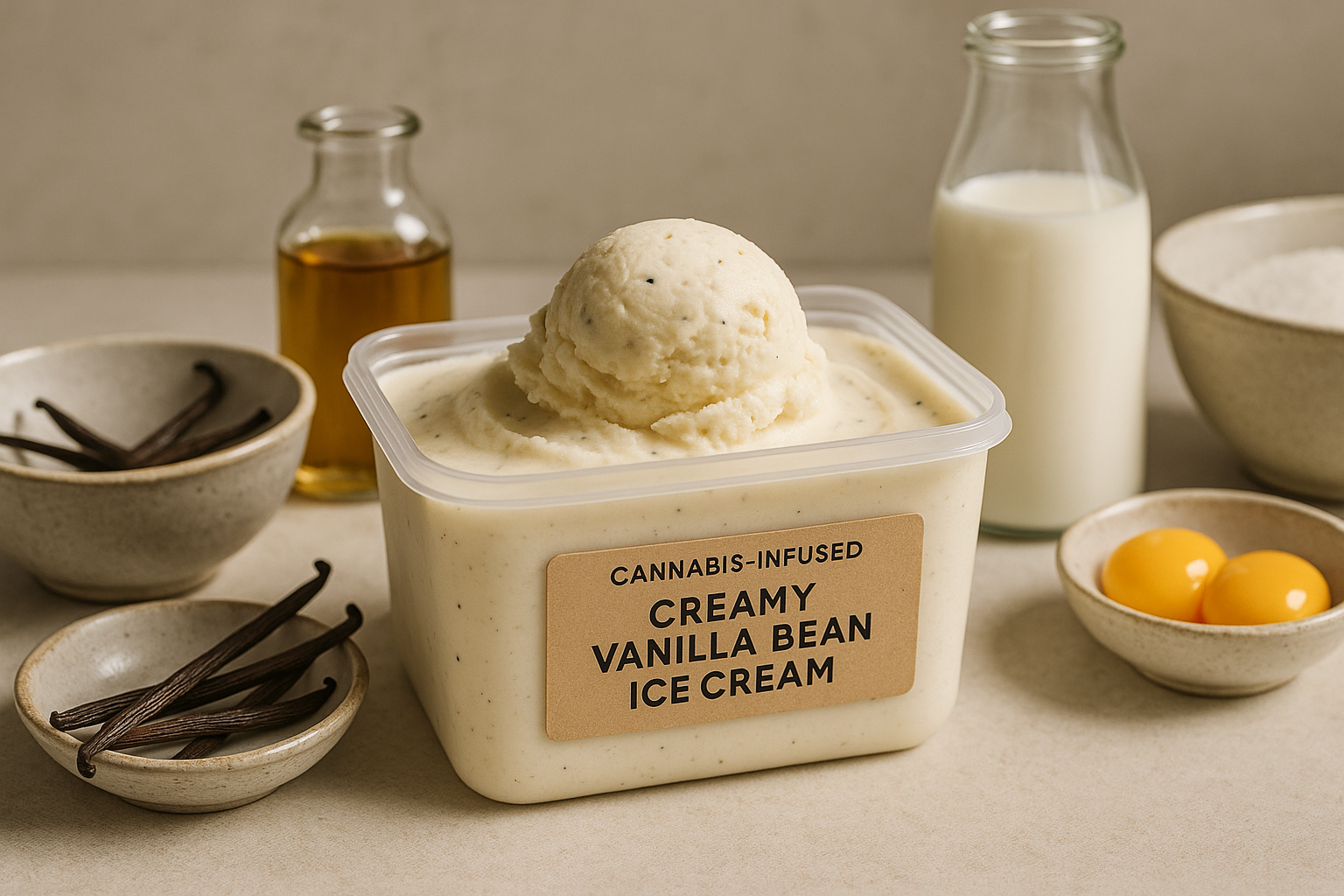 Cannabis-Infused Creamy Vanilla Bean Ice Cream stored in a clearly labeled container