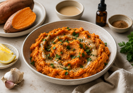 CBD sweet potato tahini mash finished recipe styled as the emotional anchor with warm editorial food photography