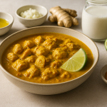 dairy free cannabis coconut milk chicken curry finished recipe styled as the emotional anchor with warm editorial food photography