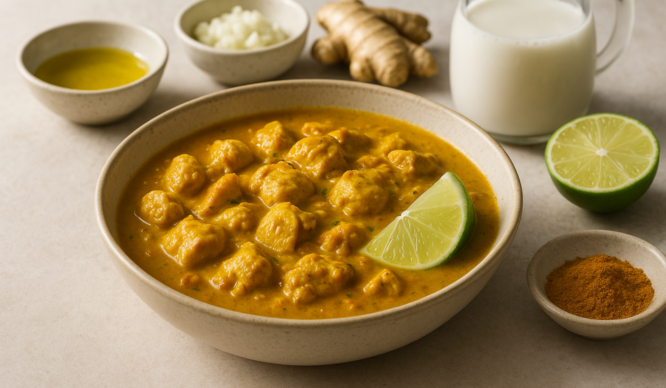 dairy free cannabis coconut milk chicken curry finished recipe styled as the emotional anchor with warm editorial food photography