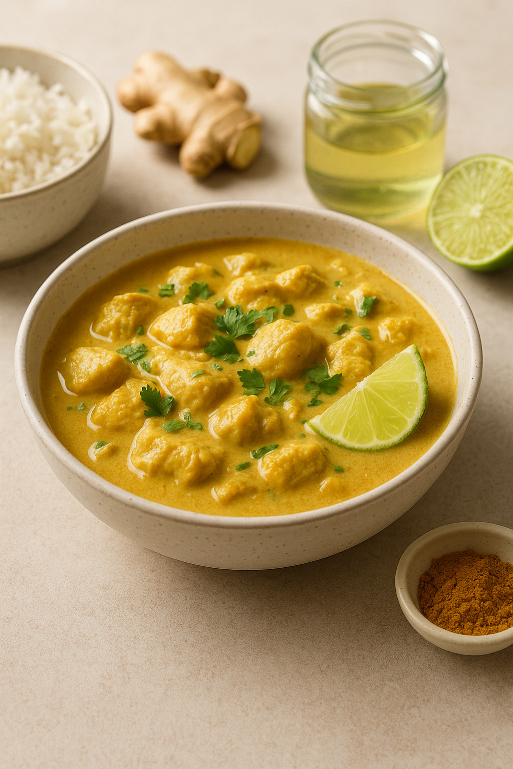 Finished dairy free cannabis coconut milk chicken curry divided into measured servings with lime and herbs