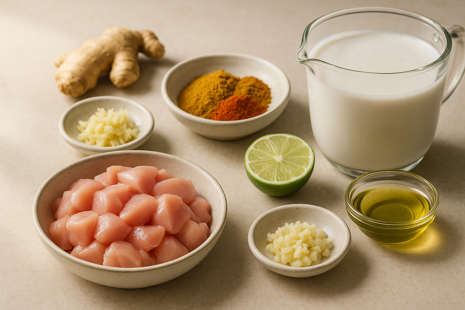 Ingredients for dairy free cannabis coconut milk chicken curry including chicken thighs, coconut milk, onion, ginger, garlic, curry spices, lime, and infused coconut oil