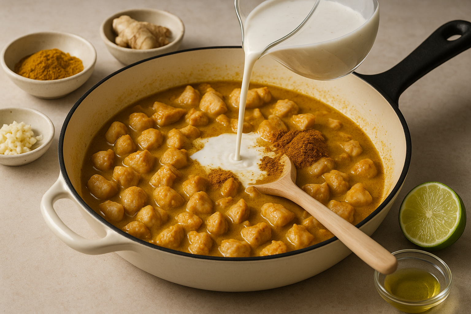 Dairy free cannabis coconut milk chicken curry simmering in a skillet with chicken, onion, garlic, ginger, and coconut milk