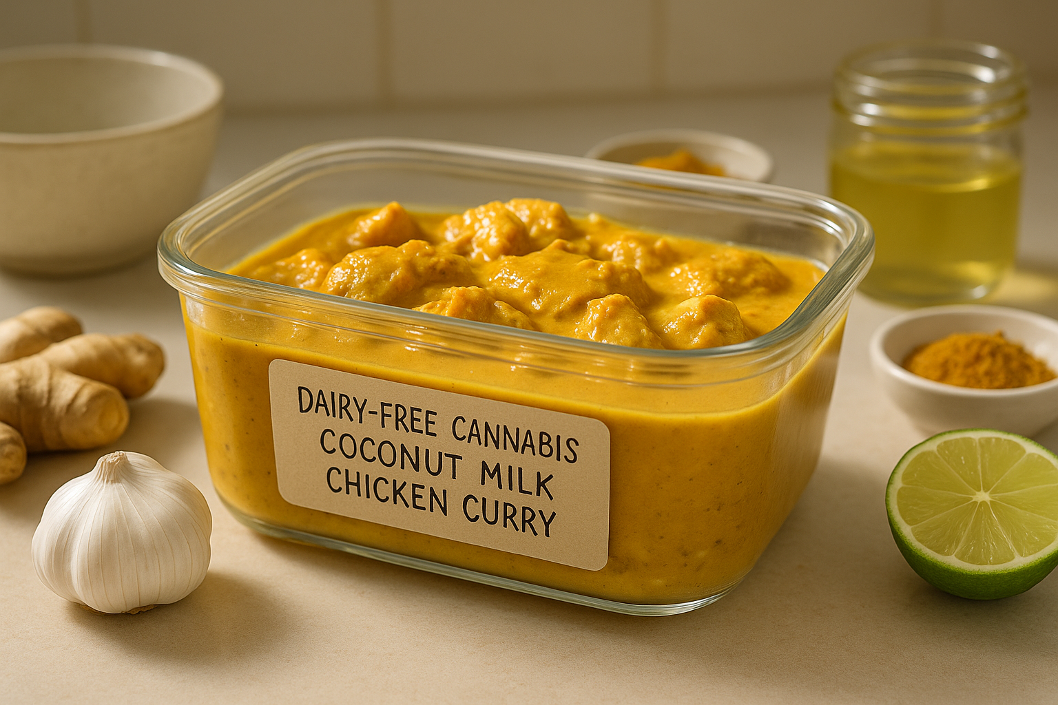 Dairy free cannabis coconut milk chicken curry stored in labeled meal prep containers with rice on the side
