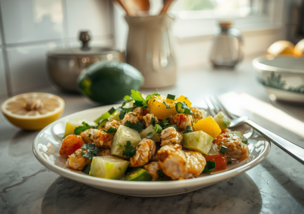dairy free cannabis mango avocado salsa chicken finished recipe styled as the emotional anchor with warm editorial food photography