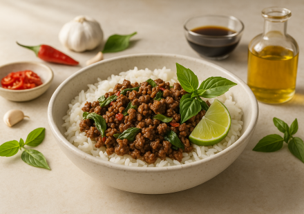dairy free cannabis thai basil beef bowls finished recipe styled as the emotional anchor with warm editorial food photography