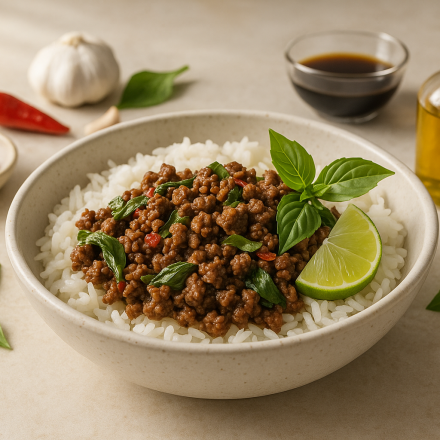 dairy free cannabis thai basil beef bowls finished recipe styled as the emotional anchor with warm editorial food photography