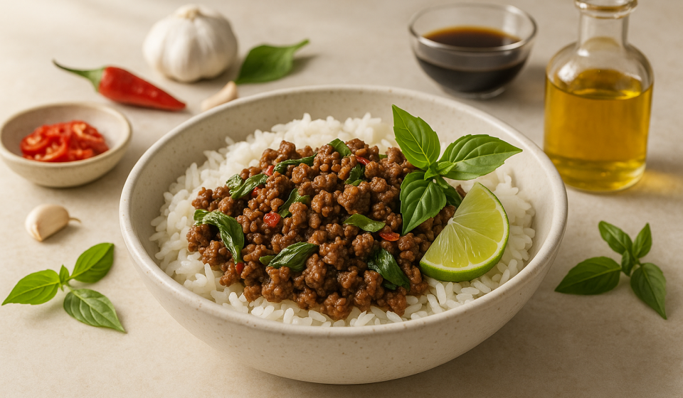dairy free cannabis thai basil beef bowls finished recipe styled as the emotional anchor with warm editorial food photography