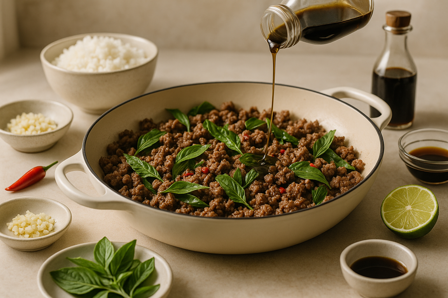Preparing Dairy-Free Cannabis Thai Basil Beef Bowls with a measured infused ingredient
