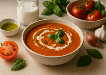 dairy free cannabis tomato basil soup finished recipe styled as the emotional anchor with warm editorial food photography