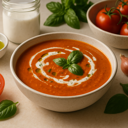 dairy free cannabis tomato basil soup finished recipe styled as the emotional anchor with warm editorial food photography