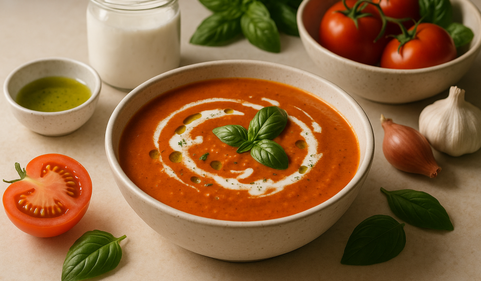 dairy free cannabis tomato basil soup finished recipe styled as the emotional anchor with warm editorial food photography