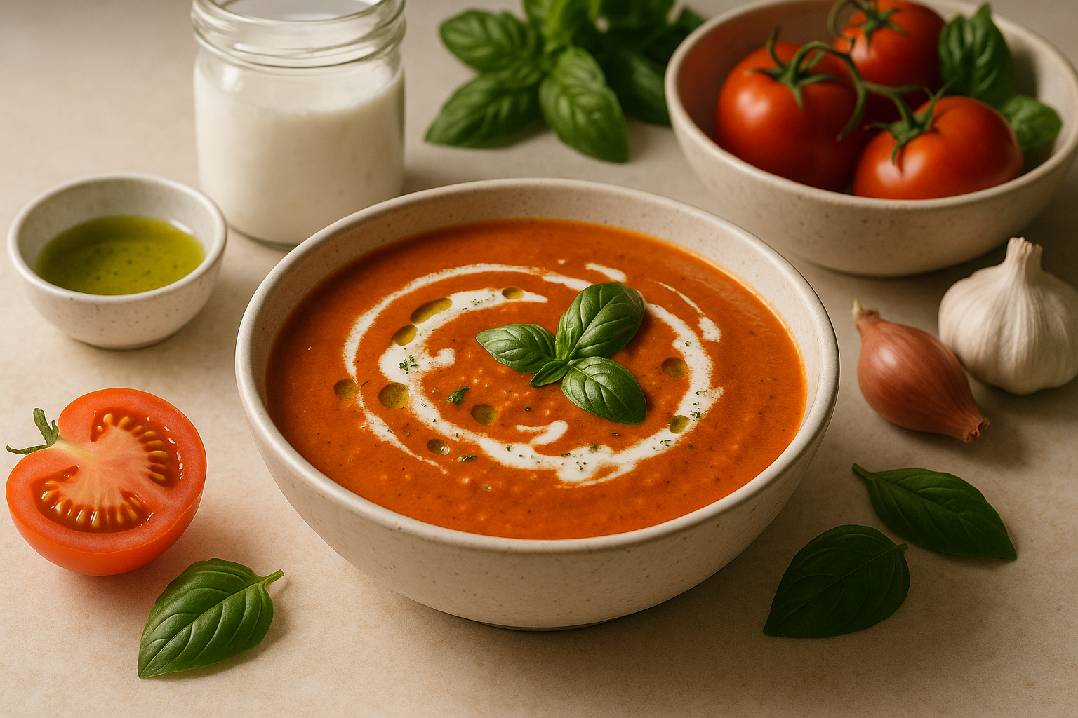Dairy-Free Cannabis Tomato Basil Soup finished and portioned for measured serving