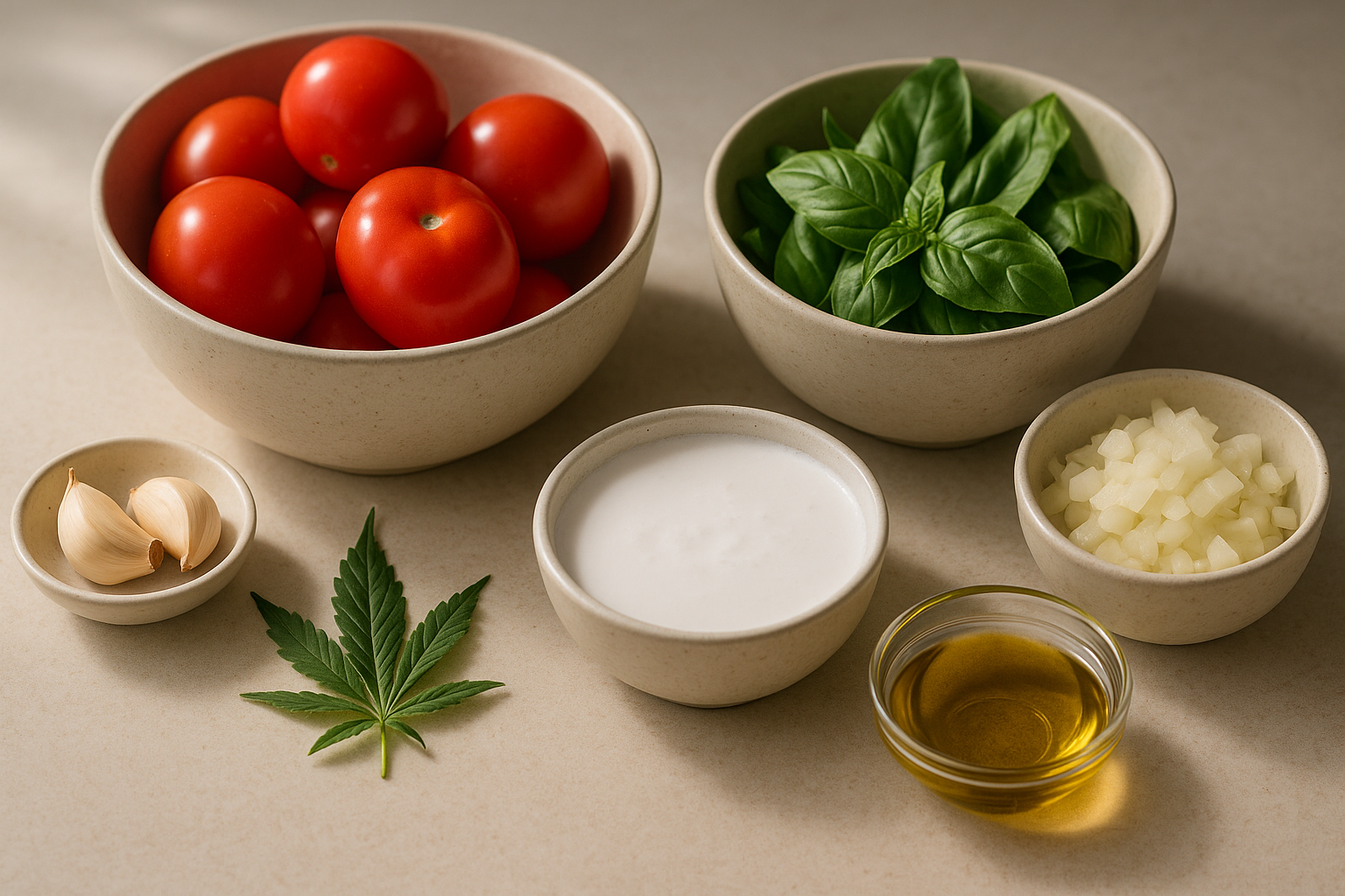 Ingredients for Dairy-Free Cannabis Tomato Basil Soup including tomato, basil, garlic, onion, coconut milk, infused olive oil