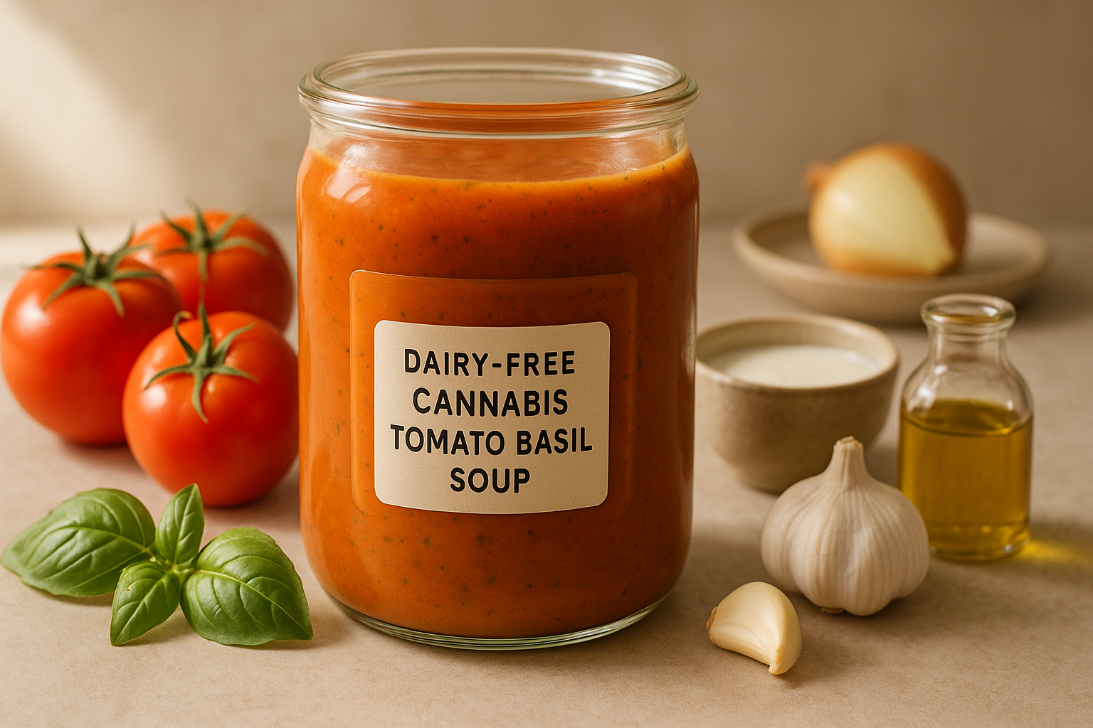 Dairy-Free Cannabis Tomato Basil Soup stored in a clearly labeled container