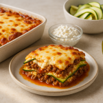 high protein cannabis cottage cheese lasagna casserole finished recipe styled as the emotional anchor with warm editorial food photography