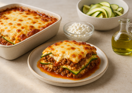 high protein cannabis cottage cheese lasagna casserole finished recipe styled as the emotional anchor with warm editorial food photography