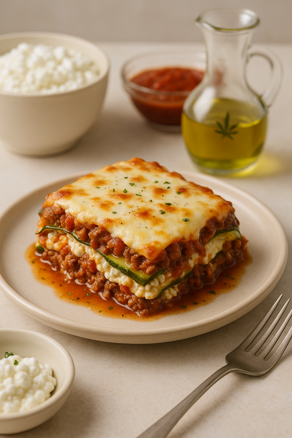 Finished High-Protein Cannabis Cottage Cheese Lasagna Casserole divided into clear servings