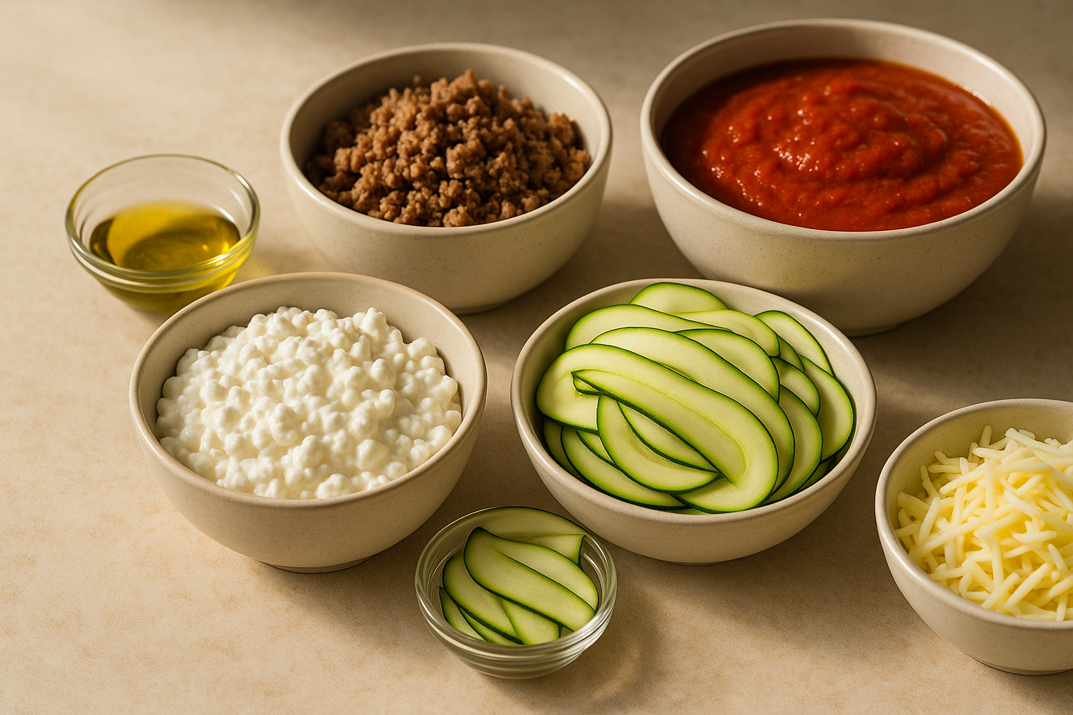 Ingredients for High-Protein Cannabis Cottage Cheese Lasagna Casserole including cottage cheese, zucchini noodles, marinara, beef, mozzarella, infused olive oil
