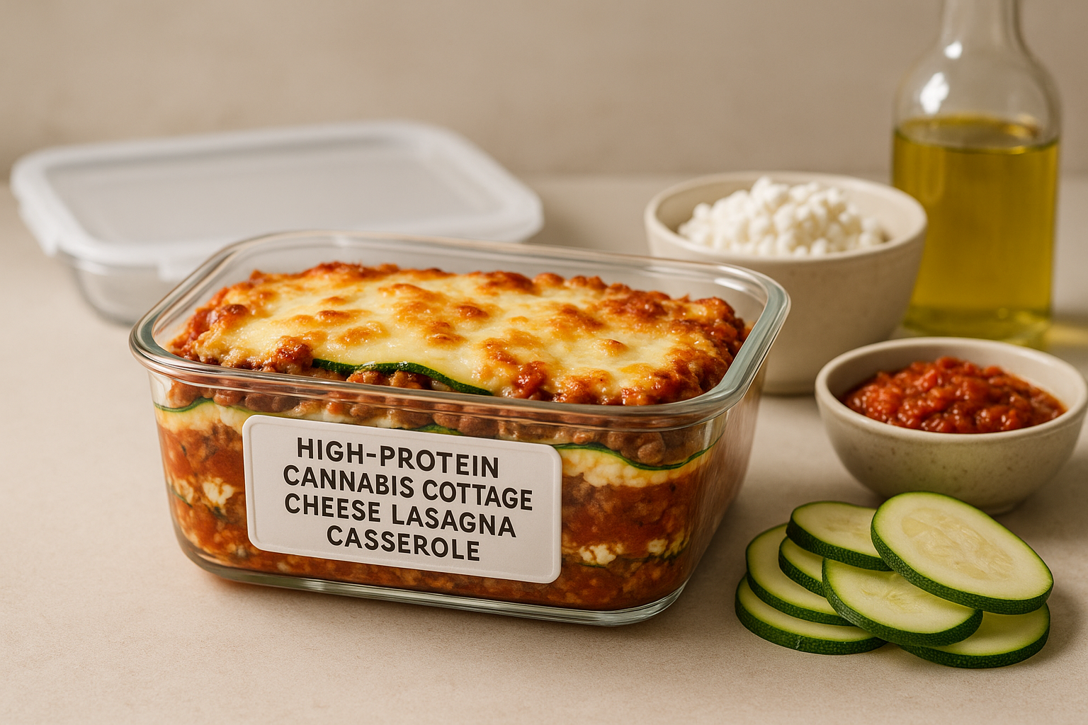 High-Protein Cannabis Cottage Cheese Lasagna Casserole stored in a clearly labeled container