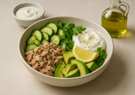 high protein cannabis tuna protein bowl finished recipe styled as the emotional anchor with warm editorial food photography