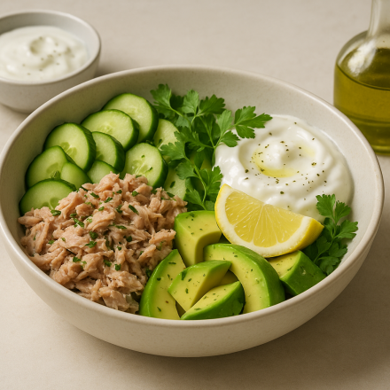high protein cannabis tuna protein bowl finished recipe styled as the emotional anchor with warm editorial food photography