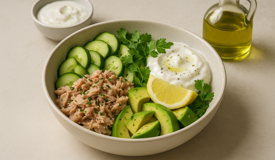 high protein cannabis tuna protein bowl finished recipe styled as the emotional anchor with warm editorial food photography