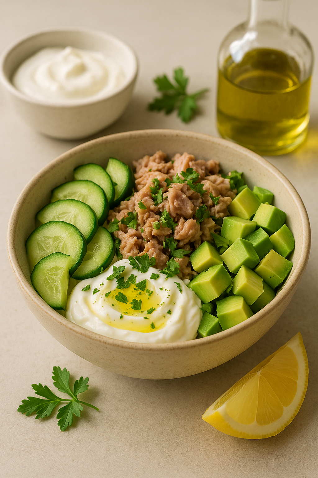 Finished high protein cannabis tuna protein bowl divided into clear lunch servings