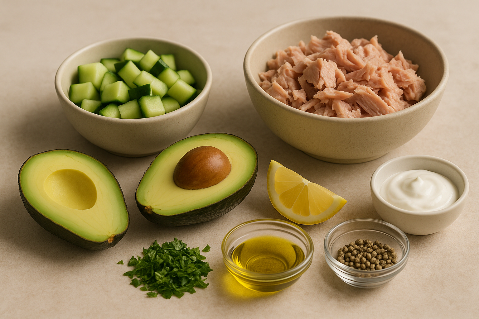 Ingredients for high protein cannabis tuna protein bowl including tuna, rice, cucumber, edamame, avocado, Greek yogurt, lemon, dill, and infused olive oil