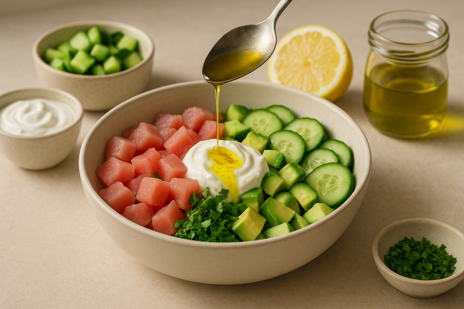 High protein cannabis tuna protein bowl being assembled with tuna, rice, cucumber, edamame, avocado, and lemon herb yogurt