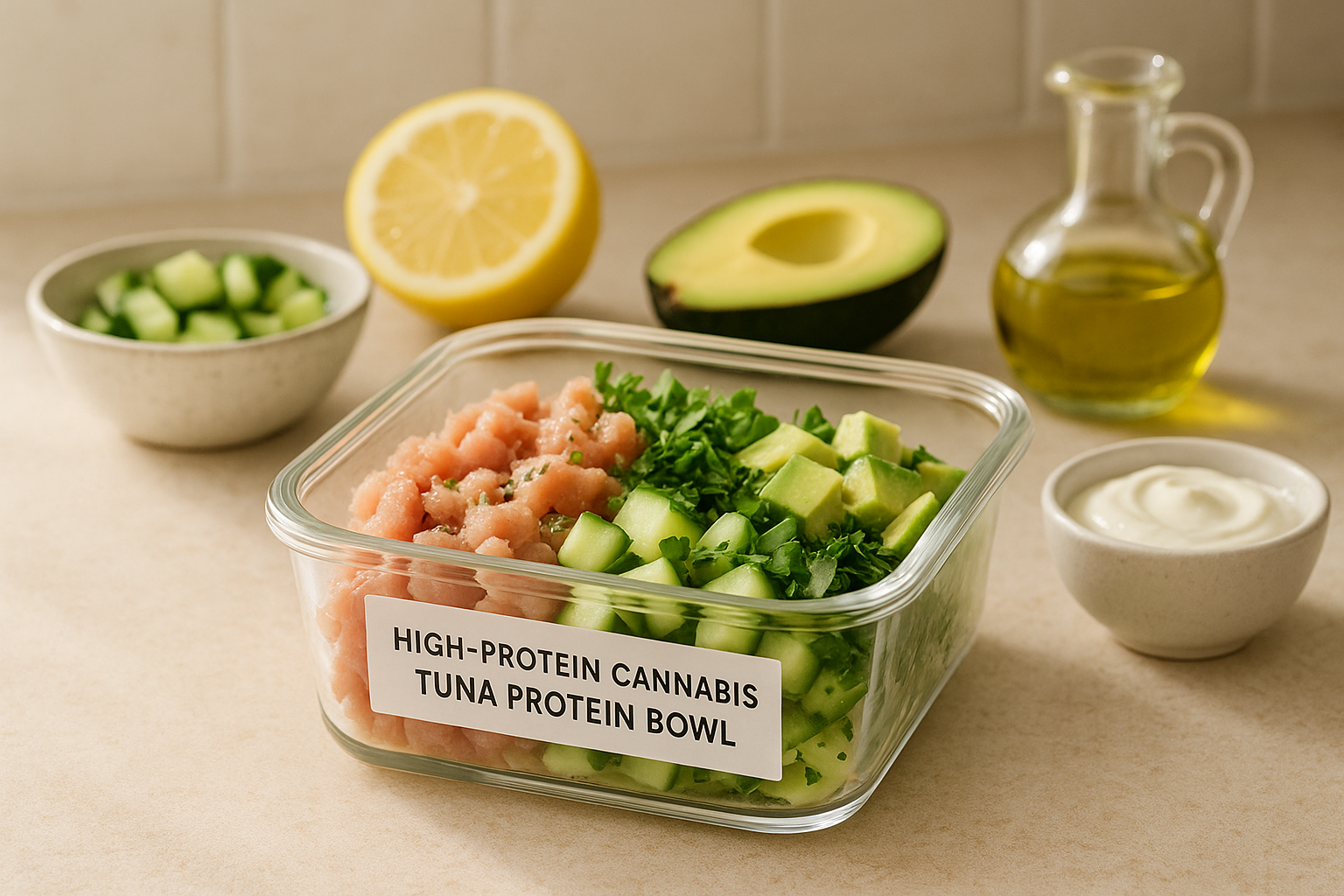 High protein cannabis tuna protein bowl stored in labeled meal prep containers with lemon on the side