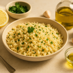 how to cook cannabis cauliflower rice finished recipe styled as the emotional anchor with warm editorial food photography