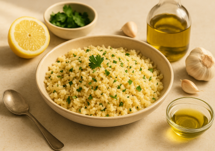 how to cook cannabis cauliflower rice finished recipe styled as the emotional anchor with warm editorial food photography